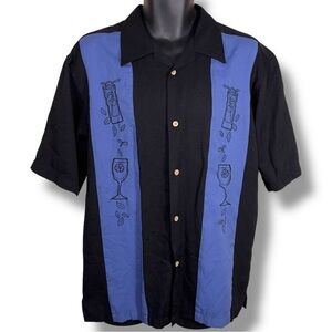 Medium Retro Monte Carlo Mens Shirt Blue Black Rockabilly Tiki Button Front